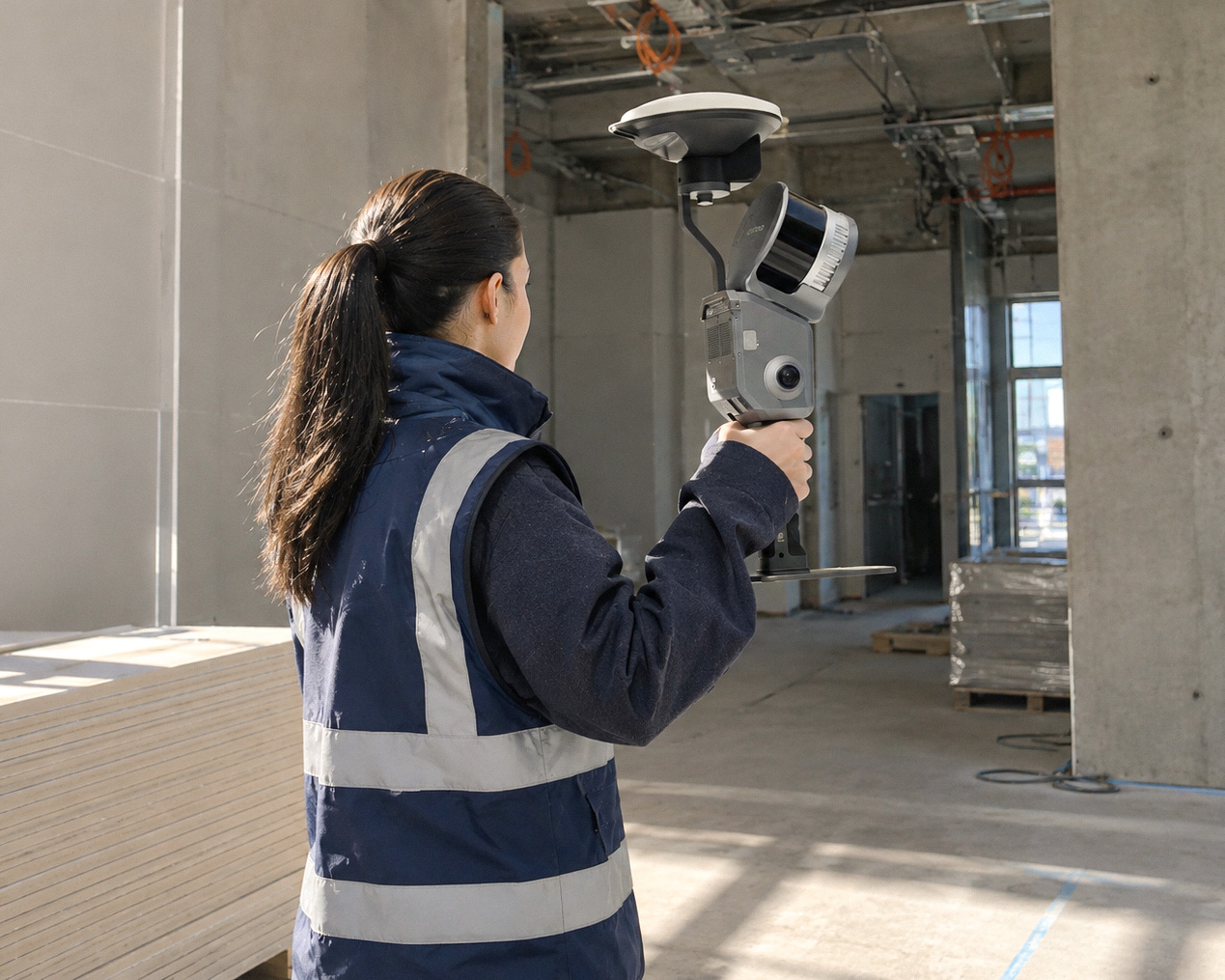 Eine Frau trägt einen 3D-Scanner über eine Baustelle.